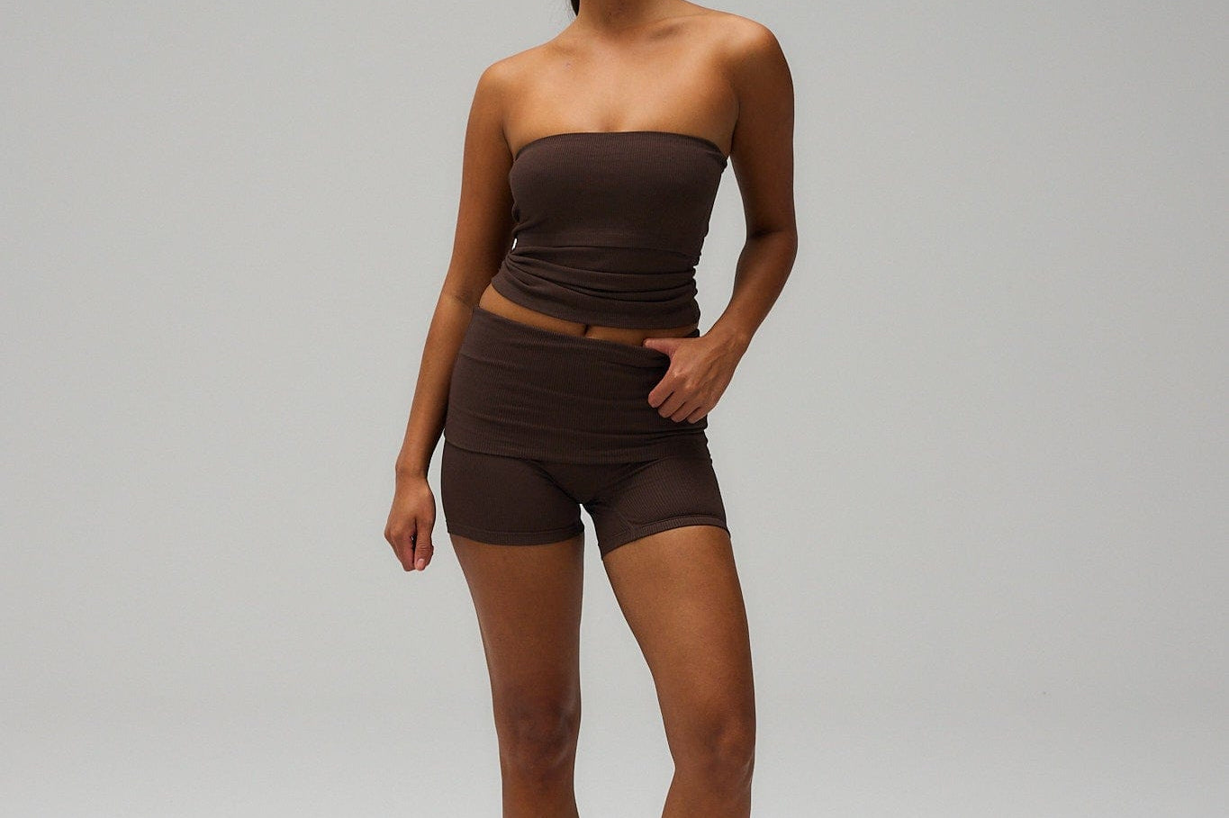Exercere Shorts Rib Fold Over Shorts - Pecan Brown